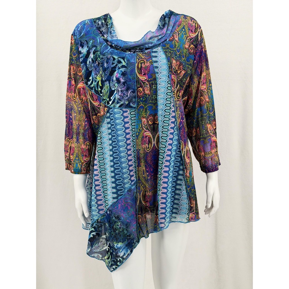 Calessa Top Womens 2X Blue Paisley Tunic Cowl Asymmetrical‎ Boho Artsy Colorful